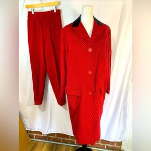 Vintage 60’s White Stag 3 pc suit Duster, Skirt, Pants Red velveteen Size 2-4.